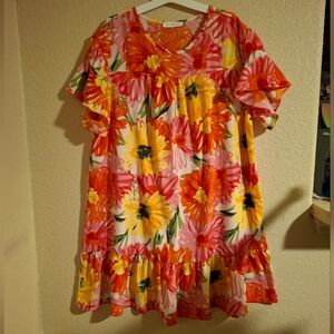 Ces Femme Orange and Pink Floral Dress Sz Xlarge